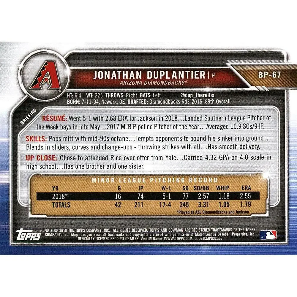 2019 Bowman Prospects Jonathan Duplantier #BP-67 Arizona Diamondbacks